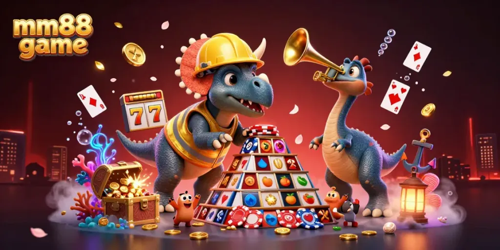 Join the excitement of mm88 game with slots, chips, and vibrant casino elements in celebration.