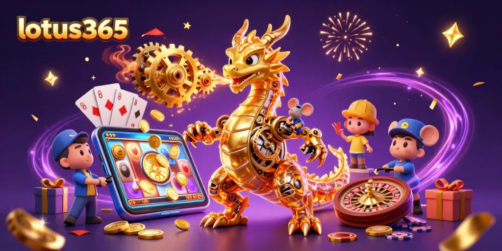 Engage with lotus365 sports betting and casino excitement featuring a crafty golden dragon.