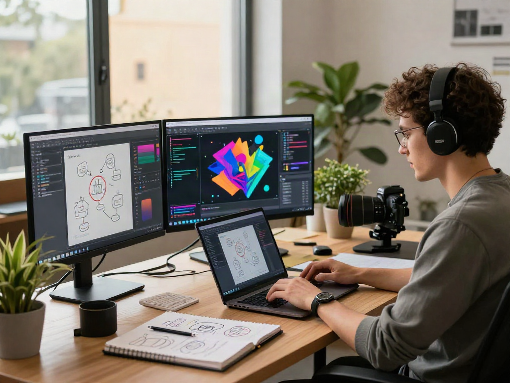 Programmer using nsfw AI technology in a modern office, showcasing creativity and tech.