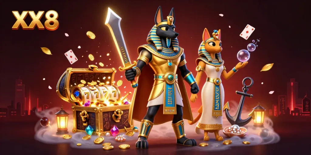 Engaging scene of XX 8 featuring ancient warrior characters amidst casino slot elements and treasures.