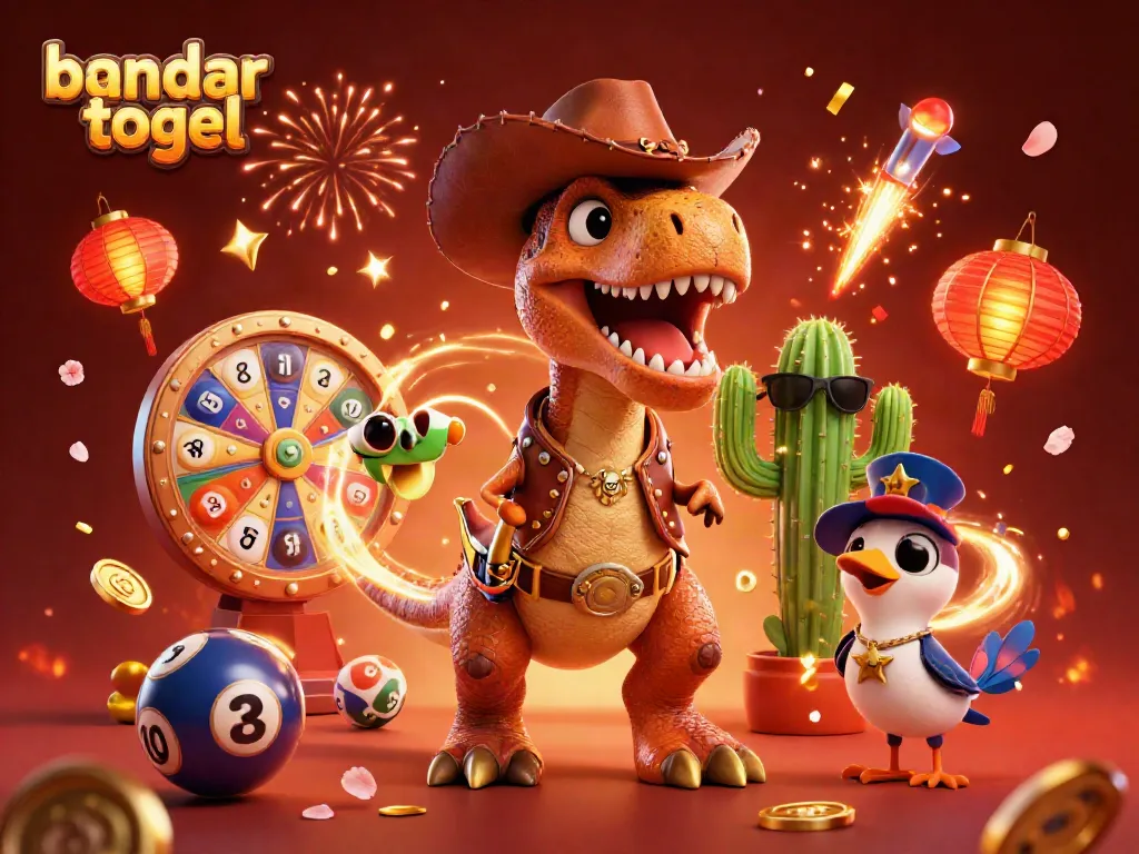Experience exciting bandar togel action with a vibrant scene of T-Rex and lottery elements.