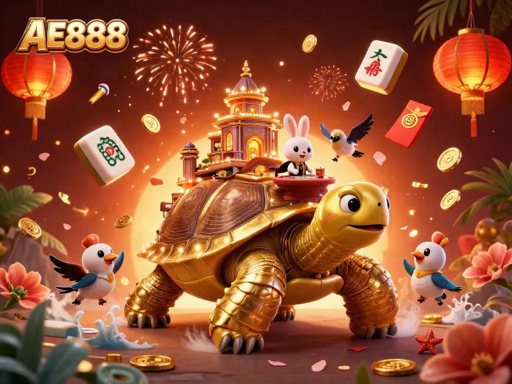 Experience thrilling gameplay at AE888 with vibrant and engaging casino elements surrounding a golden tortoise.