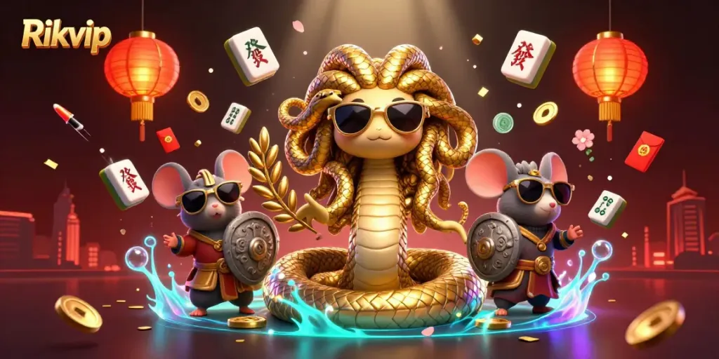 Engage in gaming at Rikvip with playful Medusa and a warrior mouse illustration amidst vibrant casino elements.