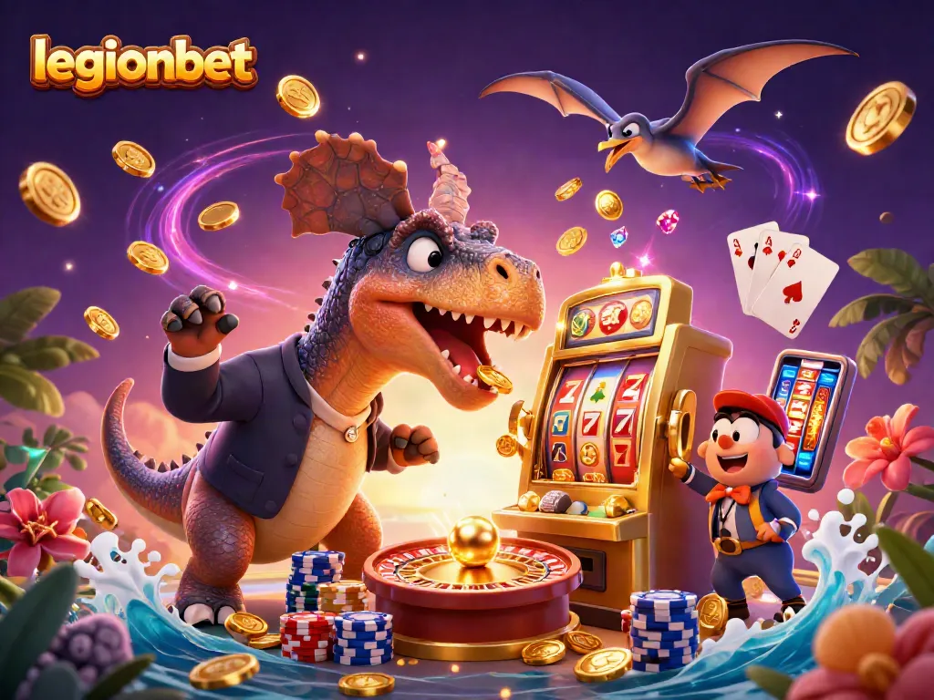 Experience the thrill at legionbet as a pachycephalosaurus hits a jackpot slot with coins cascading!