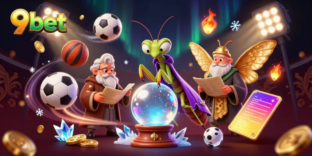 Engage with 9bet's vibrant casino experience, featuring dynamic elements like sports balls and a mystical fortune teller.