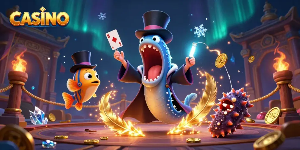 Engaging scene of a bioluminescent gulper eel performing casino card tricks, surrounded by dynamic gaming elements.