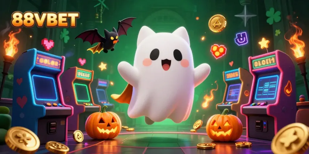 Experience excitement at 88VBET as a friendly ghost cat and a bat companion explore a haunted casino.