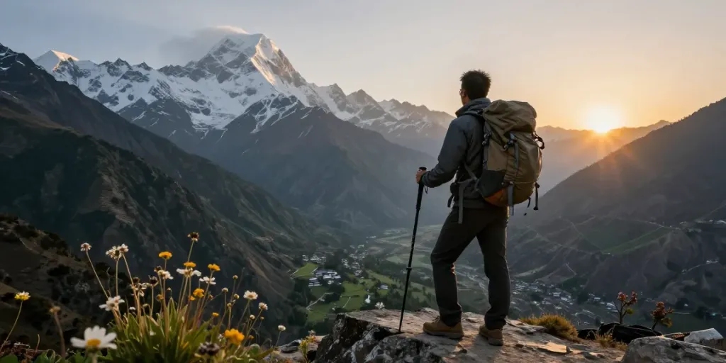 Viajero en la cima de la ruta Circuito Manaslu, disfrutando de la vista escénica de picos nevados y valles verdes.