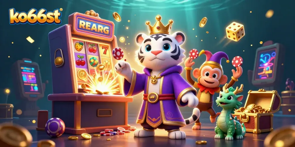Experience the exciting world of ko66st with a vibrant scene featuring a majestic white tiger, playful monkey, and lively jade dragon.