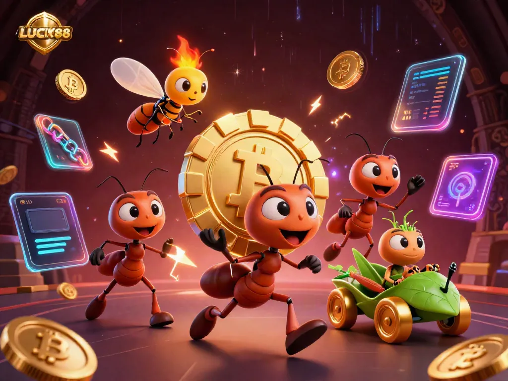 Experience thrilling gameplay with LUCKY88, featuring a heist scene with ants, poker chip, and crypto coins.