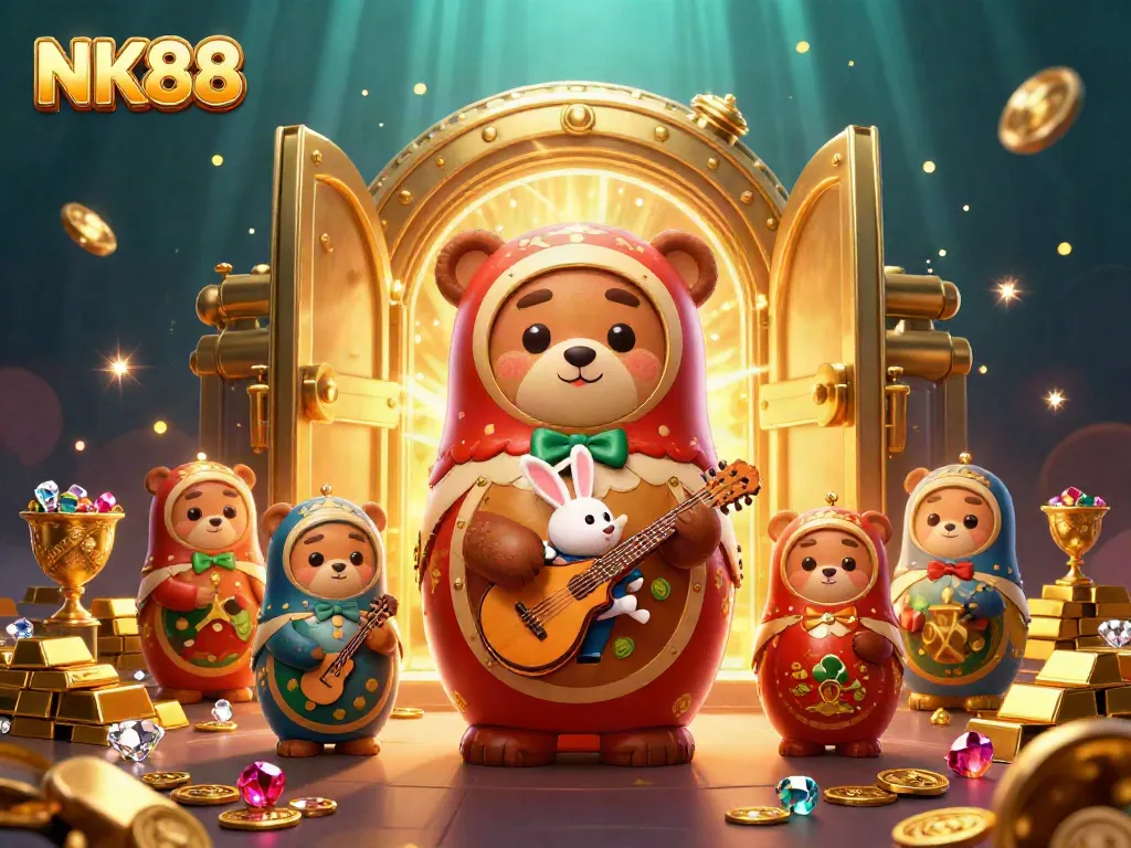 Experience thrilling wins at NK88 with vibrant casino-themed characters and treasures.