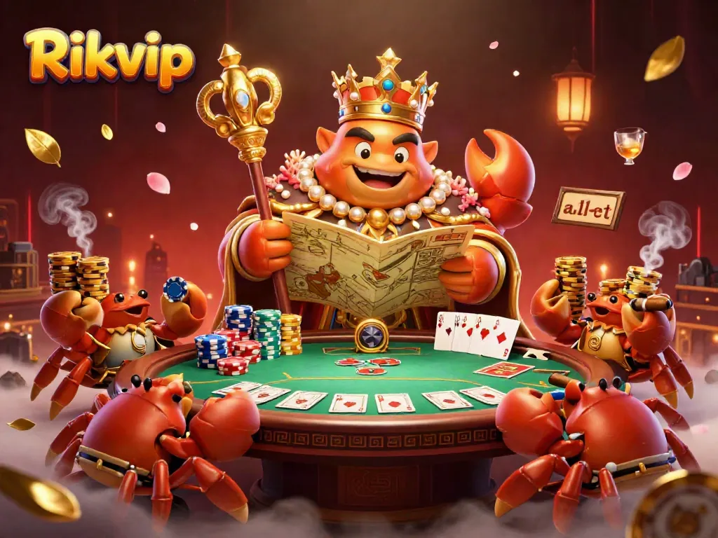 Experience the vibrant gaming scene at Rikvip with dynamic gaming elements and a golden crab emperor leading the way.