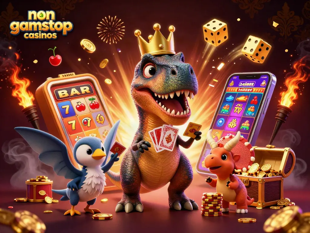 Experience thrilling gameplay at non gamstop casinos with lively 3D cartoon dino dealers and slot machine action.