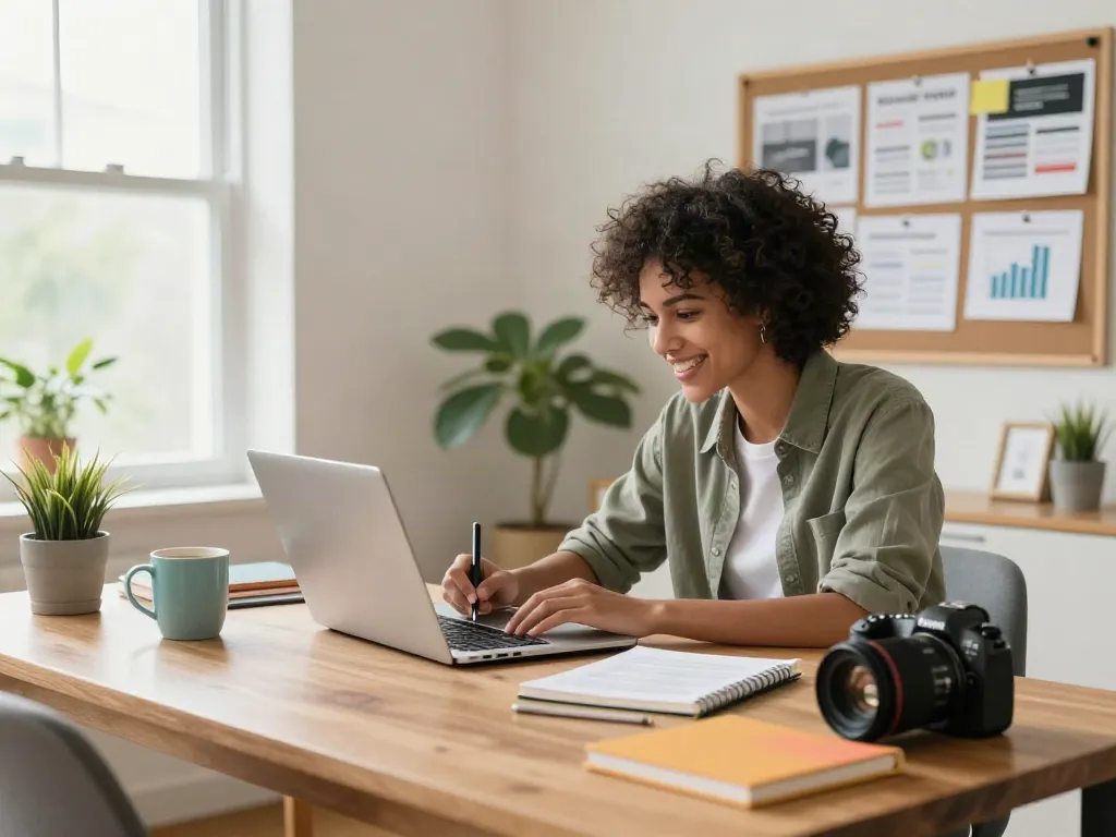 A knockout post creation in a vibrant blogging workspace with natural light.