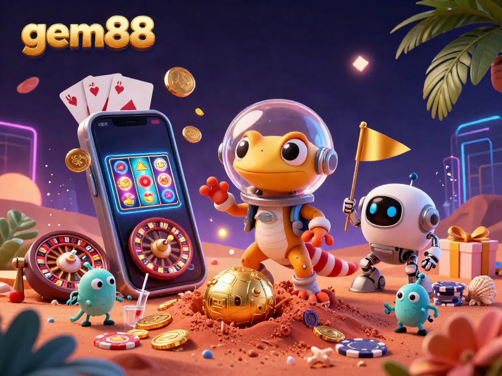 Experience the thrill of gem88 with a Martian gecko discovering a golden casino adventure.