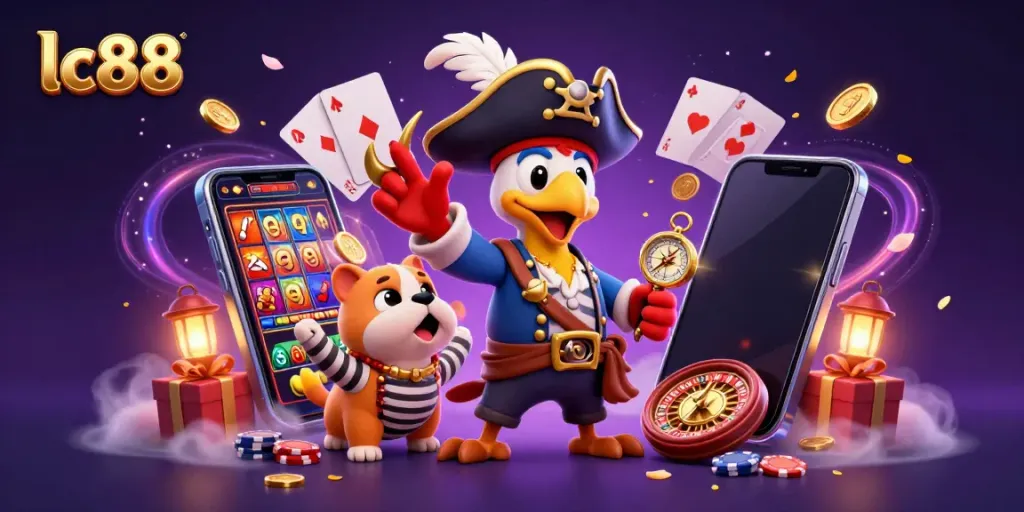 Engage in the vibrant casino atmosphere of lc88 with pirate-themed characters, dynamic game elements, and bright slot visuals.