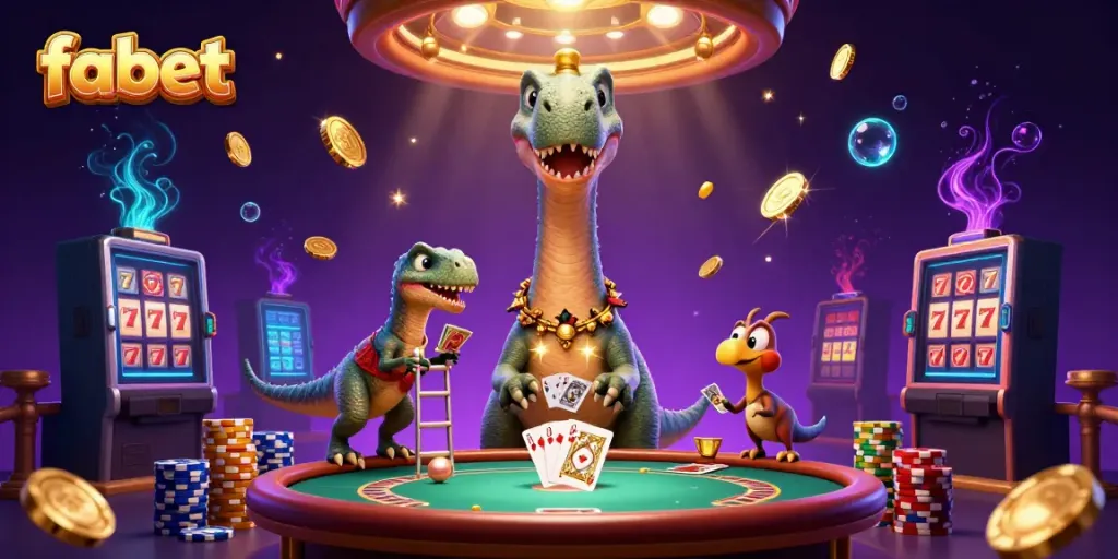 Experience the vibrant fun at fabet with a huge cartoon dinosaur and clever dealer in a bustling casino scene