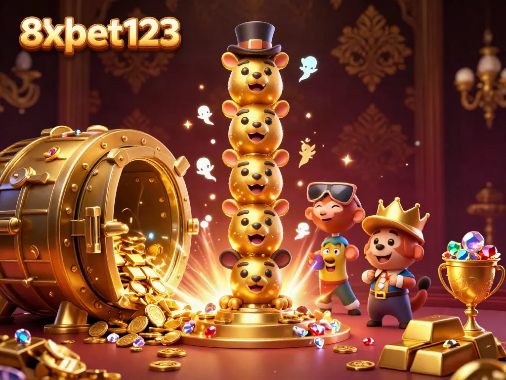 Engage with 8xbet123's vibrant casino scene featuring a whimsical totem pole, gold treasures, and jewels.