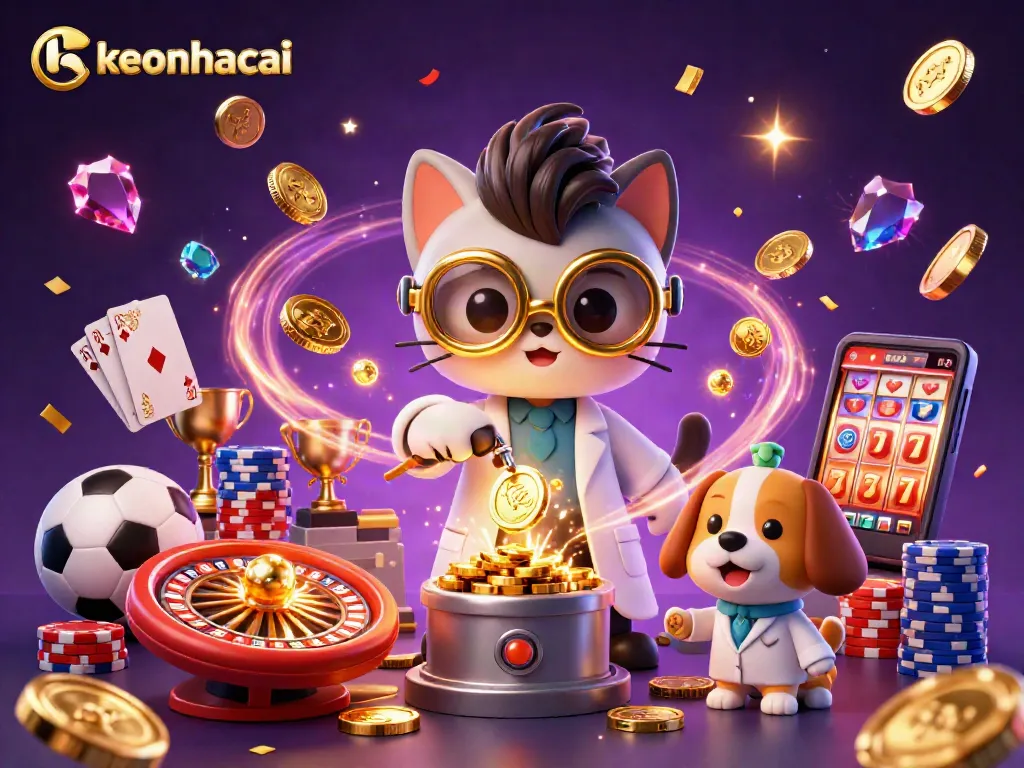 Engage with keonhacai's elite sports betting scene featuring a scientist cat and assistant in a dynamic casino environment.