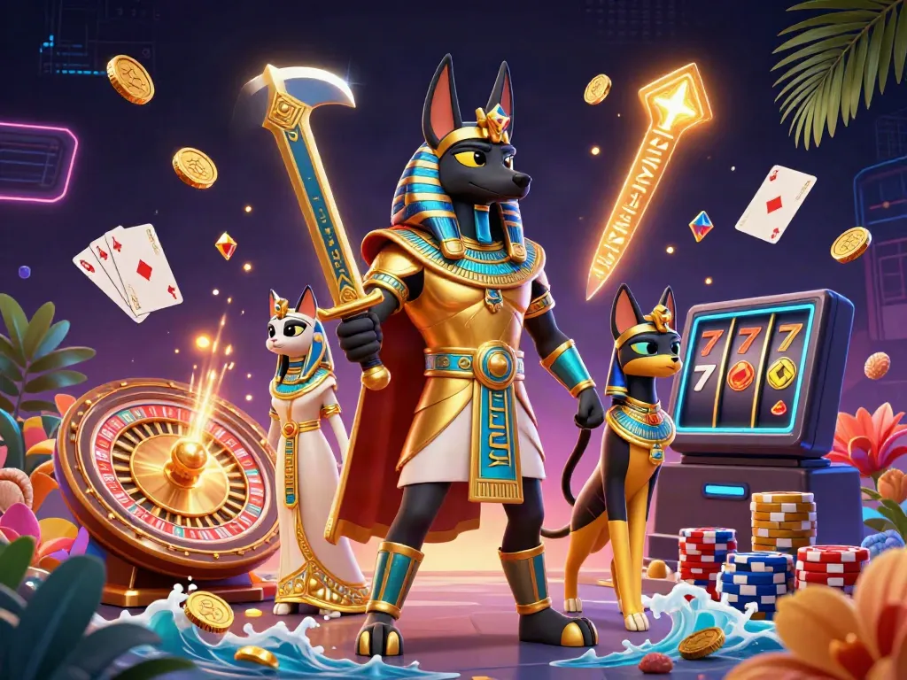 Experience thrilling gameplay with PH222, featuring Anubis and Bastet surrounded by casino elements, golden coins, and colorful chips.
