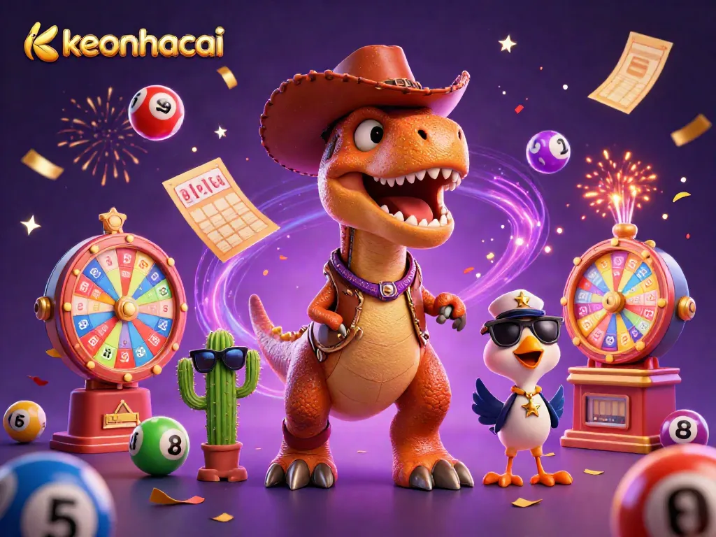 Engage with keonhacai through a vibrant 3D cowboy and vivid gambling elements illustration.