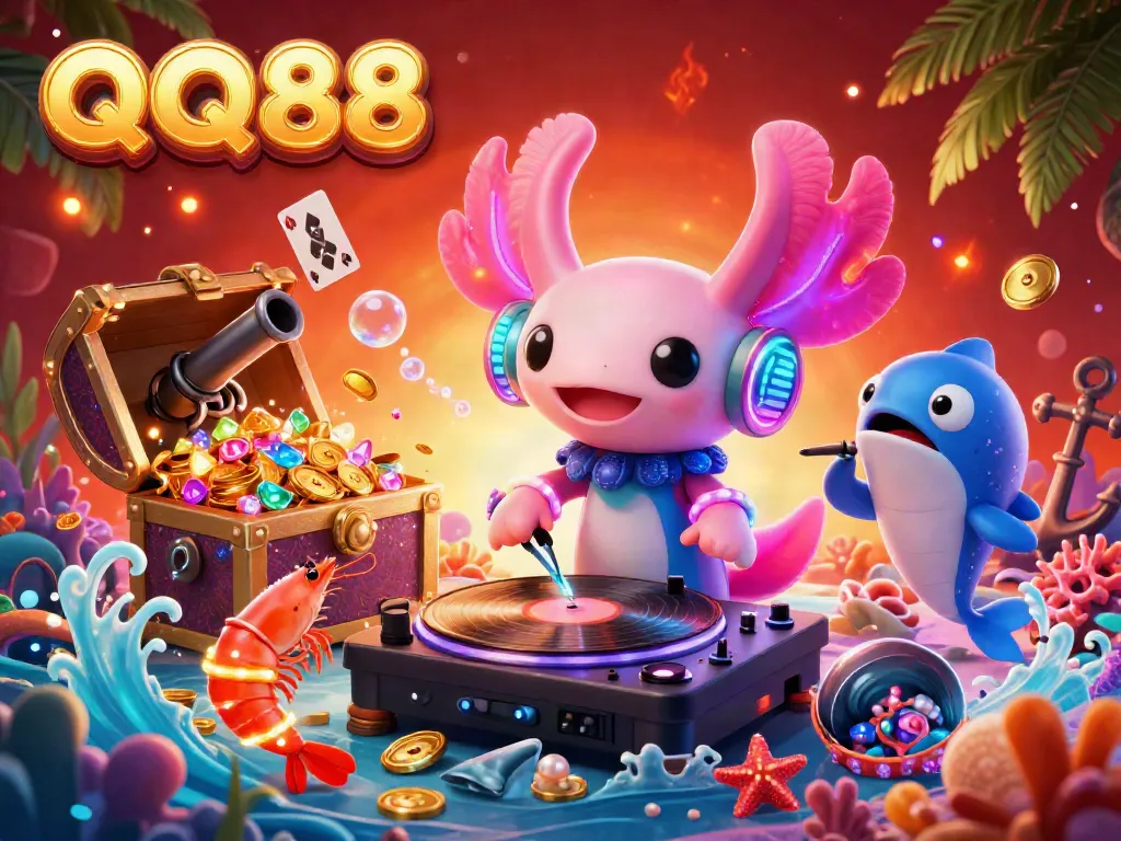 Experience QQ88's vibrant 3D casino scene featuring a neon axolotl DJ with sparkling treasures and lively sea creatures.