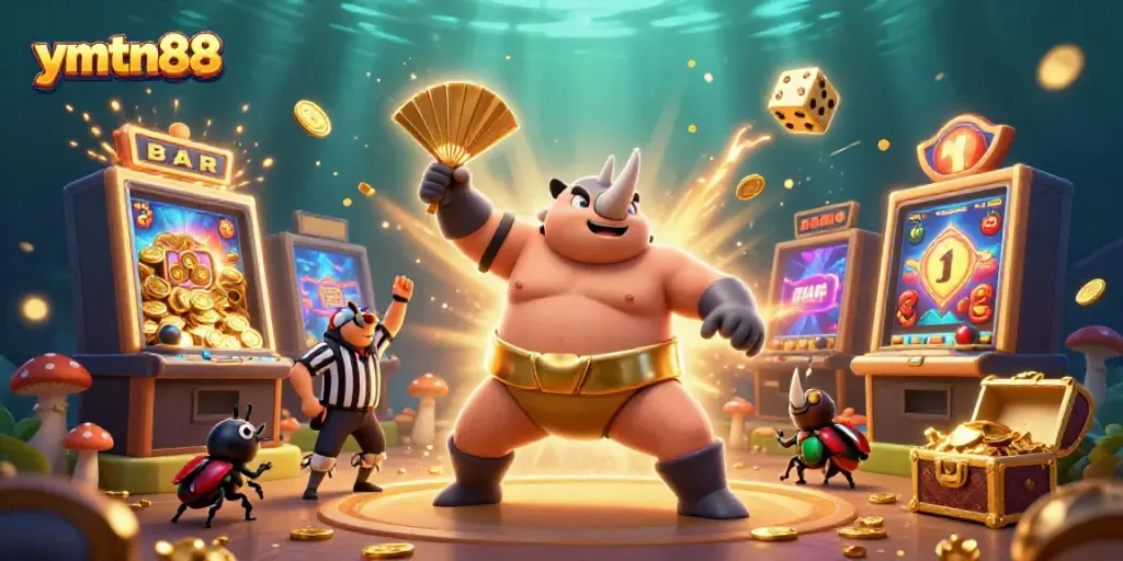 Experience the thrill of ymtn88 with a vibrant 3D illustration featuring animated beetle champions in a dynamic casino scene.