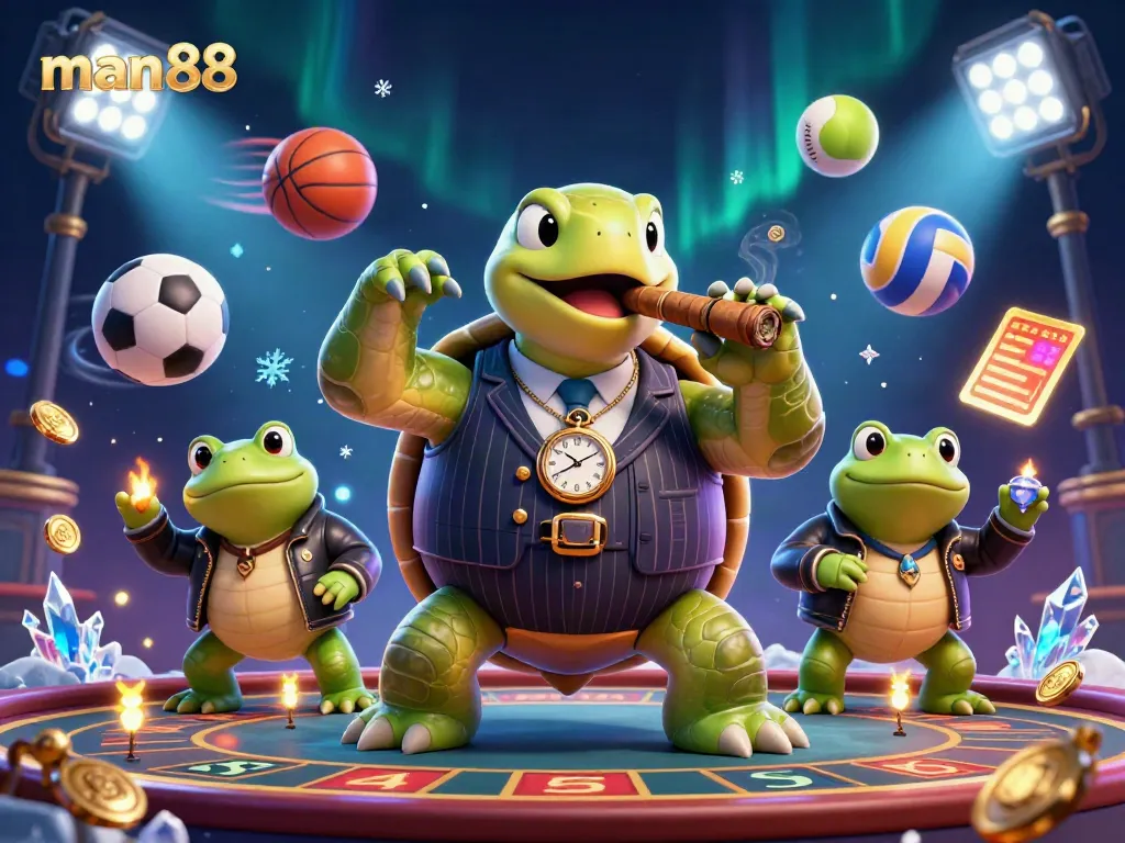 Experience the excitement of man88 with a vibrant 3D casino scene featuring a snapping turtle and bullfrog enforcers.