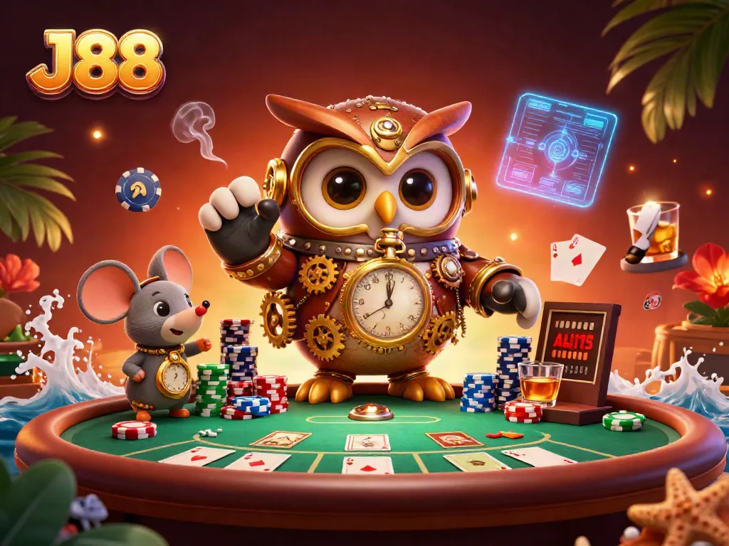 Experience vibrant J88 casino fun with our steampunk owl and clockwork mouse in action.