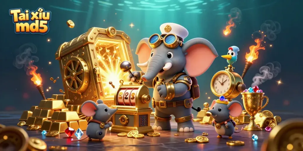 Engage with Tài xỉu md5 through this detailed depiction of a steampunk elephant operating a golden slot machine amidst treasure.
