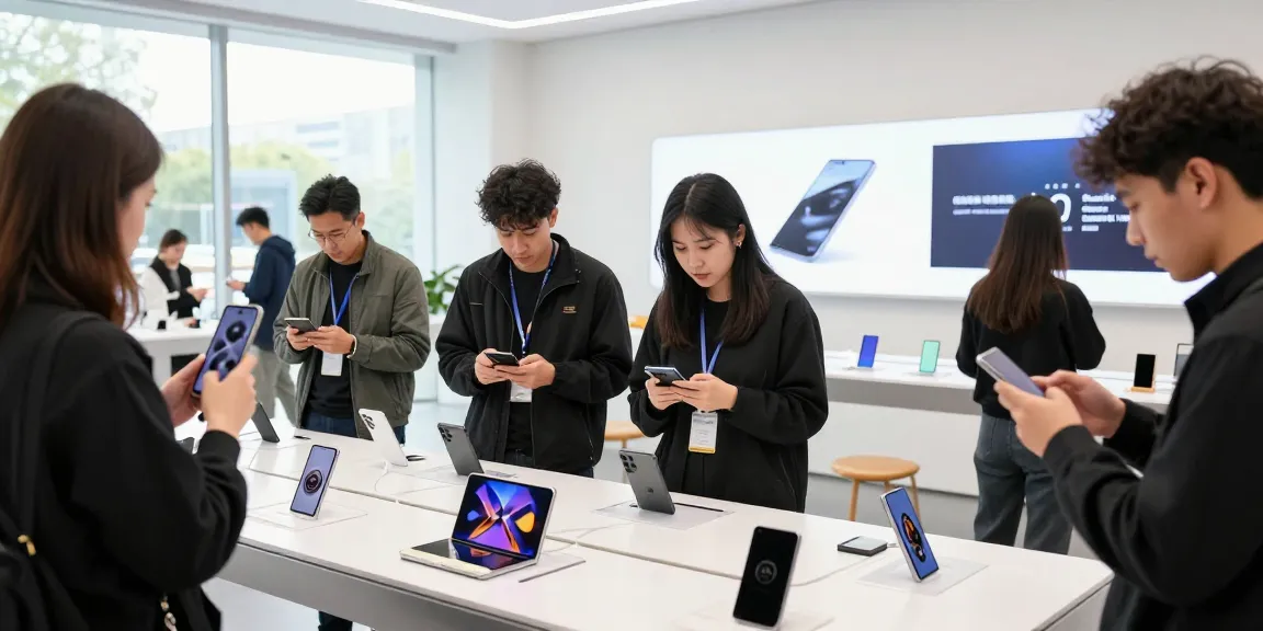 Exploring foldable phones 2026 at a modern tech retail space with diverse users engaging with devices.