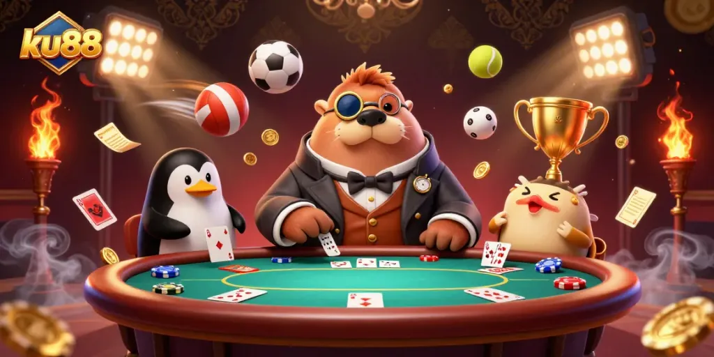 Experience thrilling poker action with ku88 in an underwater casino featuring unique characters and vibrant game elements.