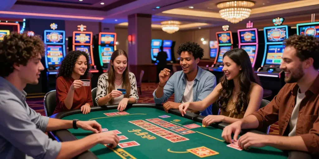 Friends playing at casinos that take credit cards, celebrating wins with enthusiasm in a vibrant casino.