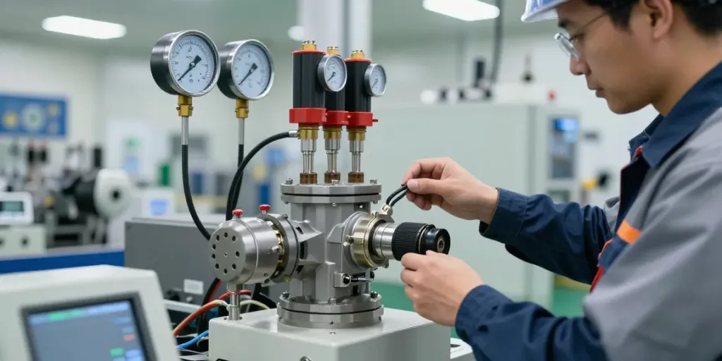 Pressure switch manufacturer technician calibrating a mechanical pressure switch in a busy industrial setting