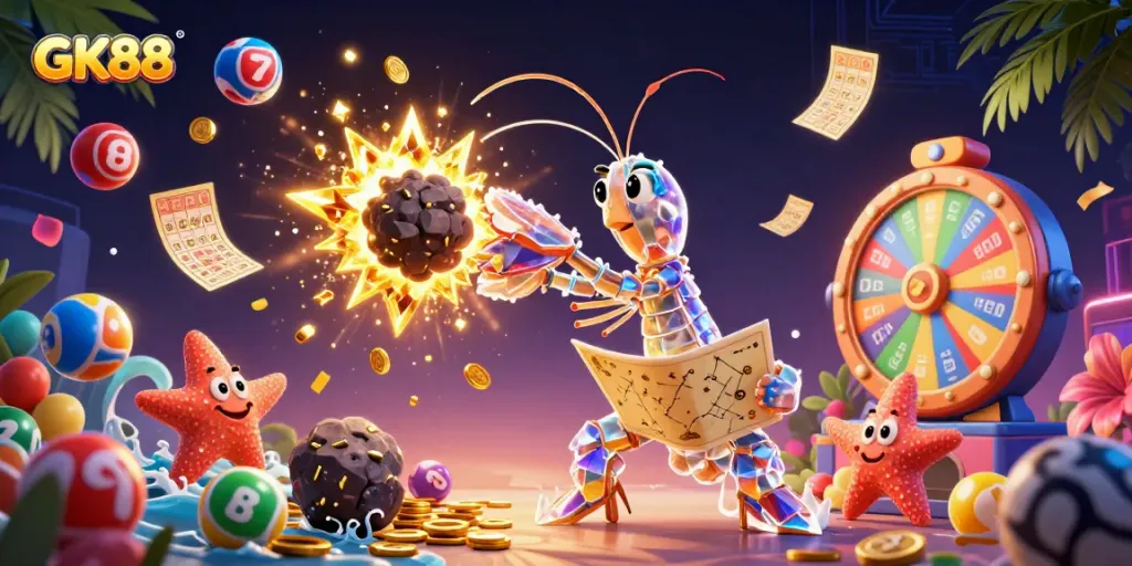 Experience excitement with GK88 as a galactic samurai mantis shrimp unleashes gems and coins in a vibrant casino scene.