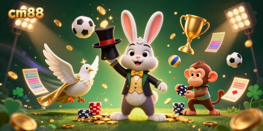 Experience gaming magic with cm88's vibrant 3D casino scene featuring a magician, colorful sports elements, and dynamic characters.