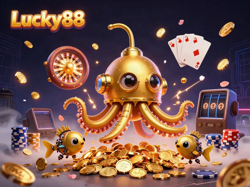 Experience fun with Lucky88 in an enchanting, dynamic online casino scene filled with gold.
