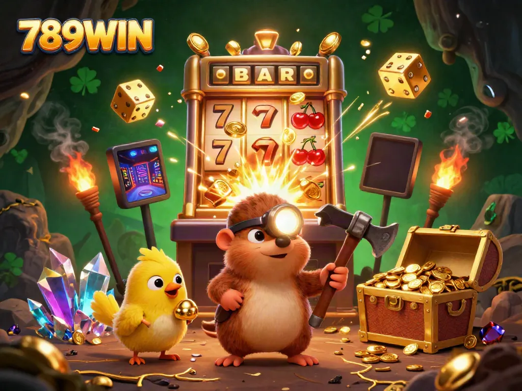 Engage in thrilling gaming with 789WIN as treasure hunter mole mines gold in a vibrant casino scene.