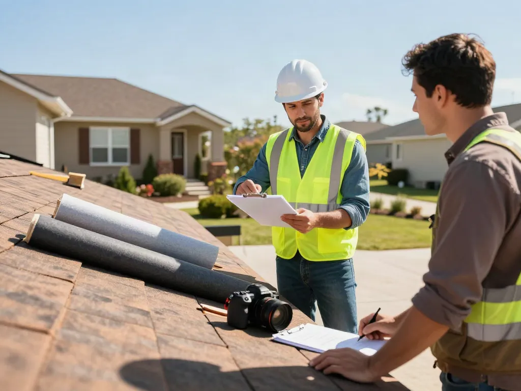Professional roofer discussing felt roofing options with homeowner under clear blue sky.