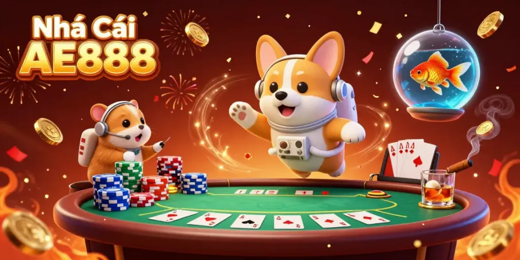 Join the fun with Nhà Cái AE888 in a vibrant space station casino adventure featuring playful characters and poker elements.