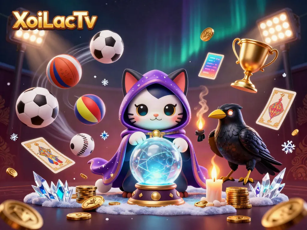 XoiLacTv depicts a magical scene with a fortune teller cat and a tarot raven amidst dynamic sports betting elements.