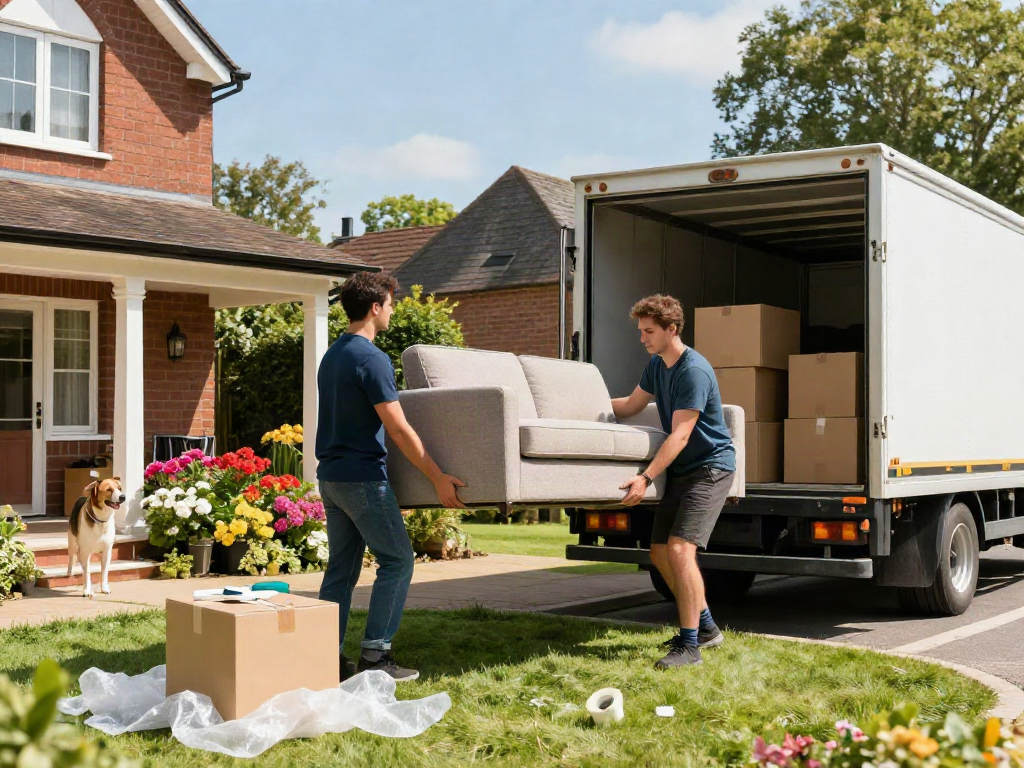 House movers Loton efficiently relocating a sofa while enhancing a sunny suburban atmosphere during a busy moving day.