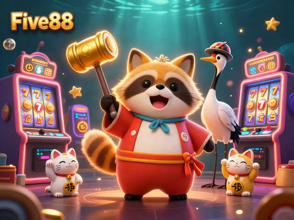 Experience exciting wins at Five88 with cheerful tanuki and lucky symbols in a vibrant casino setting.