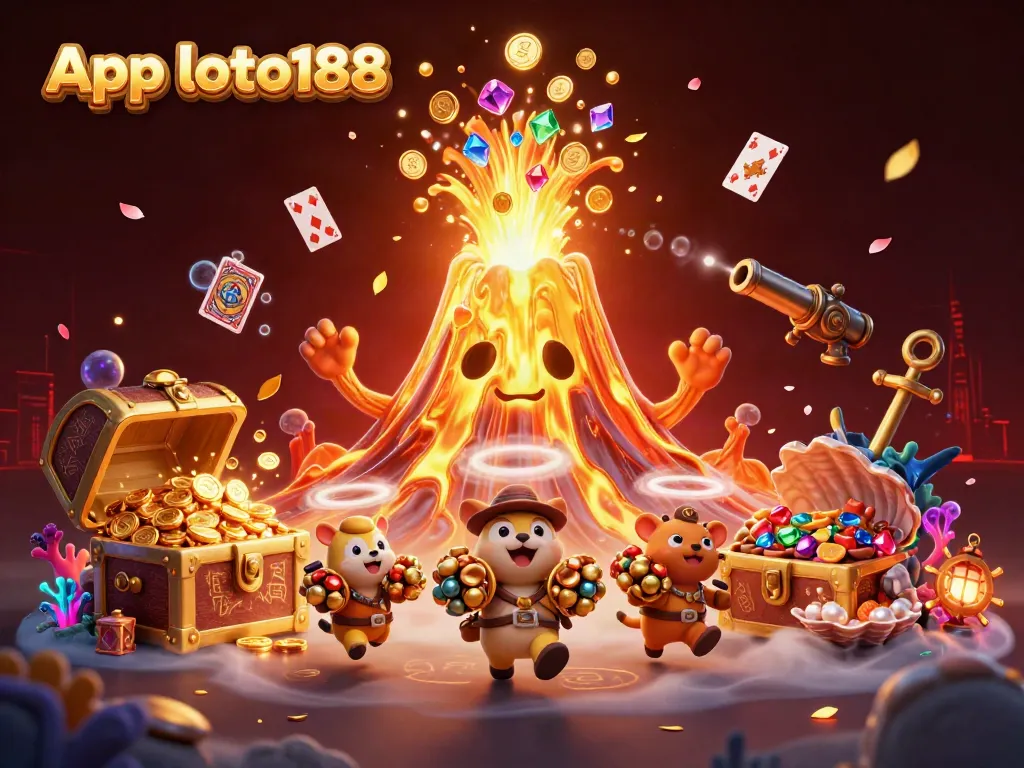 Engage with App loto188, featuring a golden volcano erupting with coins and gems amidst dynamic casino elements.