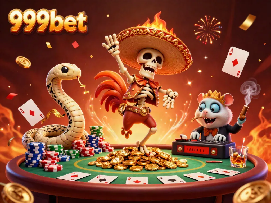 Experience vibrant gaming with 999bet as a dancing mariachi rooster, poker chips, and festive confetti.