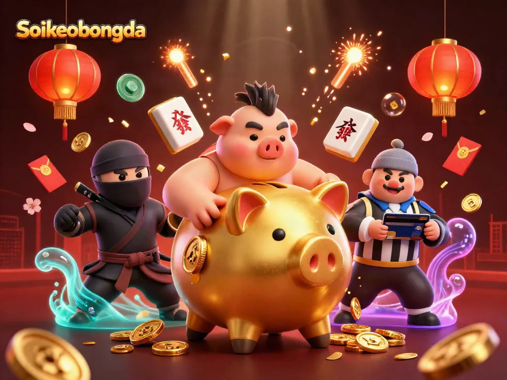 Soikeobongda themed illustration depicting a golden piggy bank sumo wrestler interacting dynamically with a ninja and referee amidst festive gambling elements.