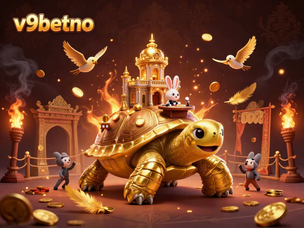 Experience the excitement at v9betno with a vibrant 3D casino scene featuring a golden tortoise, lively dealer, and coins.