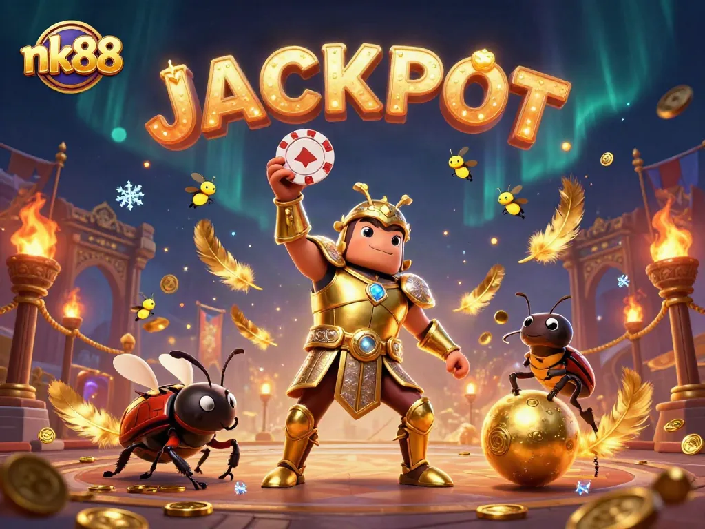 Spin to win with nk88 as a hercules beetle celebrates a jackpot in a lively casino scene.