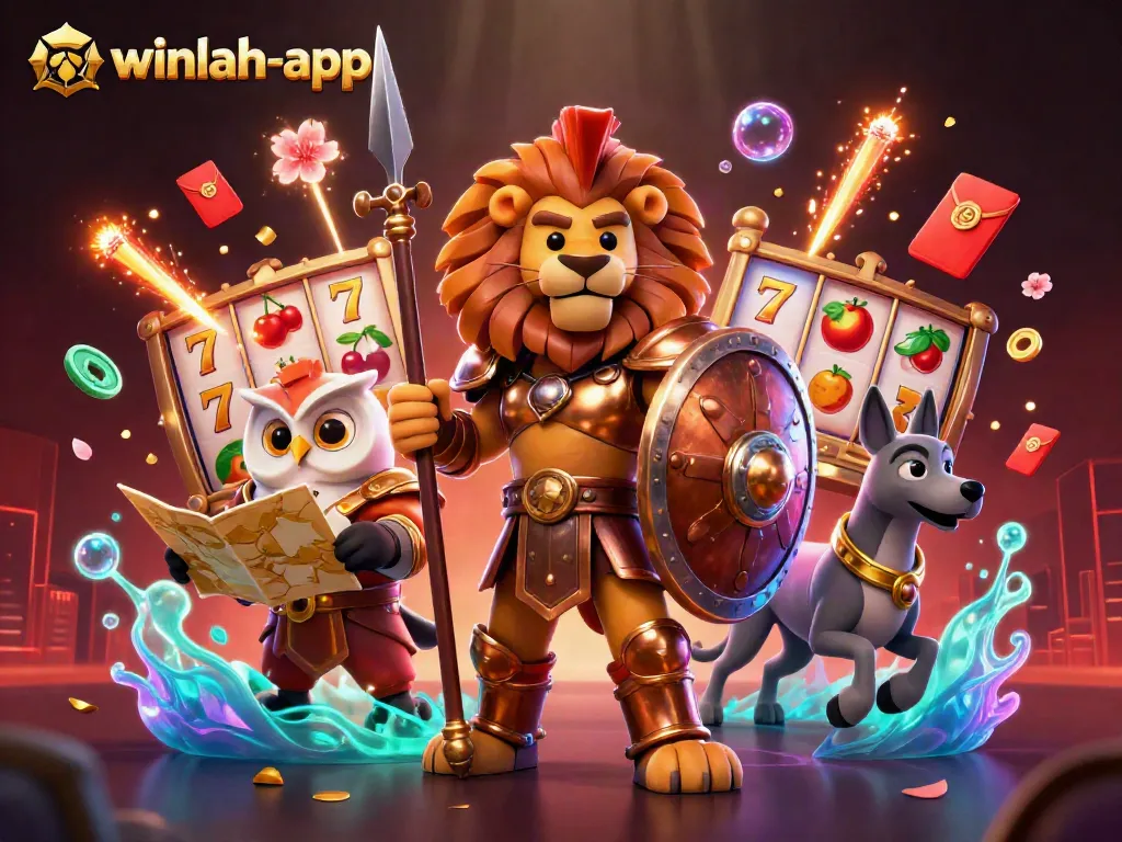 Experience thrilling gameplay at winlah-app with a vibrant 3D scene showcasing casino games and lucky characters.