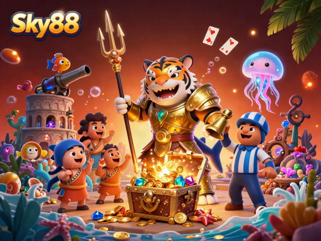 Experience thrilling gaming action with Sky88 as a fierce cartoon tiger shark takes center stage.